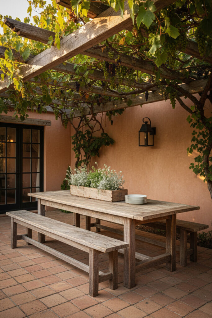 Rustic dining pergola draped in grapevines with massive reclaimed farmhouse table, terracotta pavers, adobe wall, and lantern—old-world backyard patio designs.