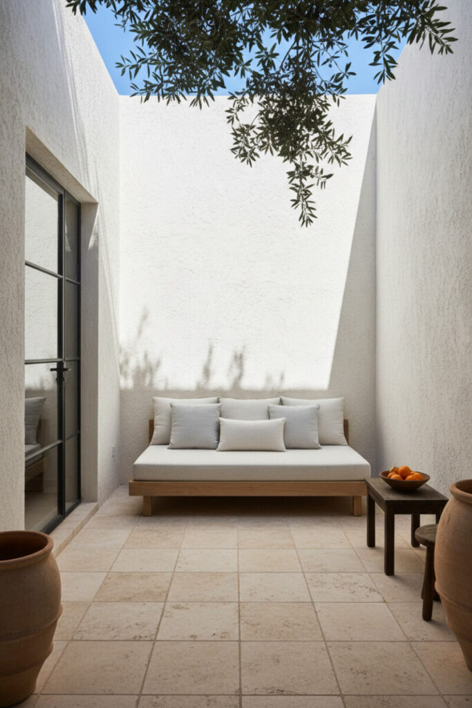 Minimal neutral courtyard with pale travertine, light oak daybed, bone-white stucco, and overhanging olive branch—sunlit, serene Small Patio Ideas.