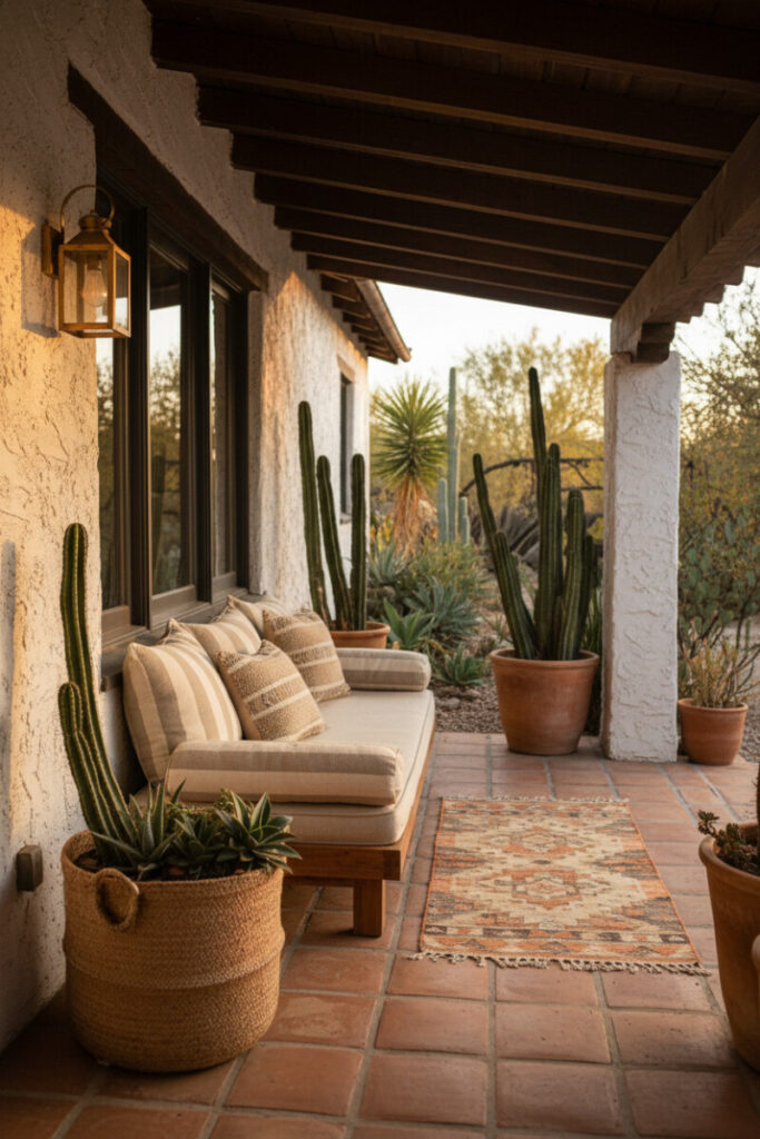 Southwestern patio with whitewashed stucco, terracotta pavers, cacti and succulents in aged pots, kilim runner, and striped cushions—earthy Small Patio Ideas.