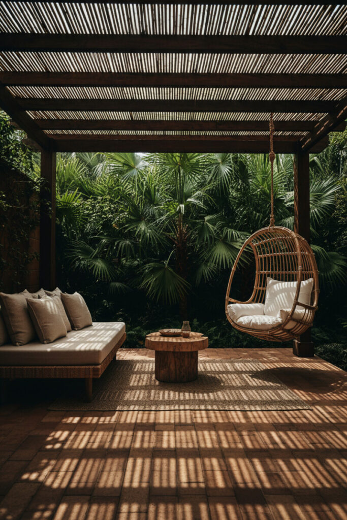 Tropical retreat with bamboo-reed pergola, rattan hanging egg chair, woven daybed, stump table, and dense palms—vacation-ready Small Patio Ideas.
