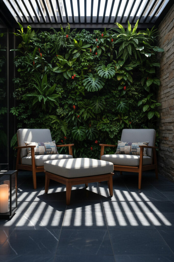 Urban retreat with living wall, teak lounge chairs, slate floor, slatted-roof light streaks, and lantern—elegant Small Patio Ideas for privacy and modern backyard patio designs.