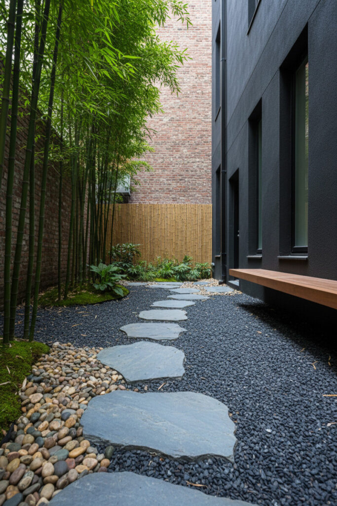 Zen courtyard with charcoal gravel, blue-gray slate stepping stones, bamboo screen, warm wood bench, and black stucco wall—meditative Small Patio Ideas for privacy.