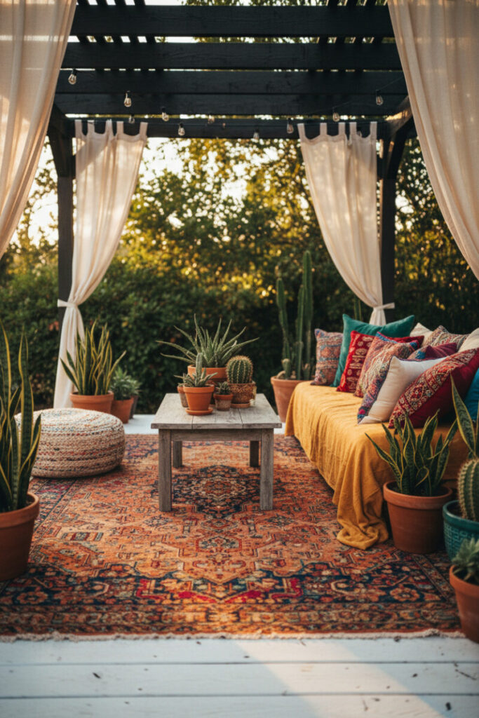 Boho patio bursting with colorful textiles under a pergola, Persian rug, saffron throw, pouf, and succulents—vibrant Small Patio Ideas with layered fabrics.