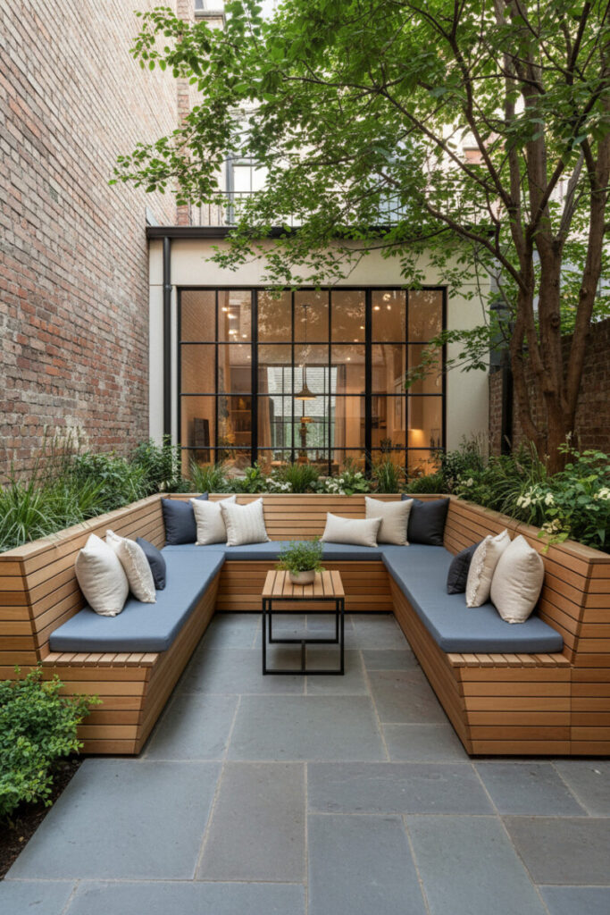 Compact U-shaped built-in benches with slate-blue cushions, raised planters, and bluestone pavers—clever Small Patio Ideas for space-saving backyard patio designs.
