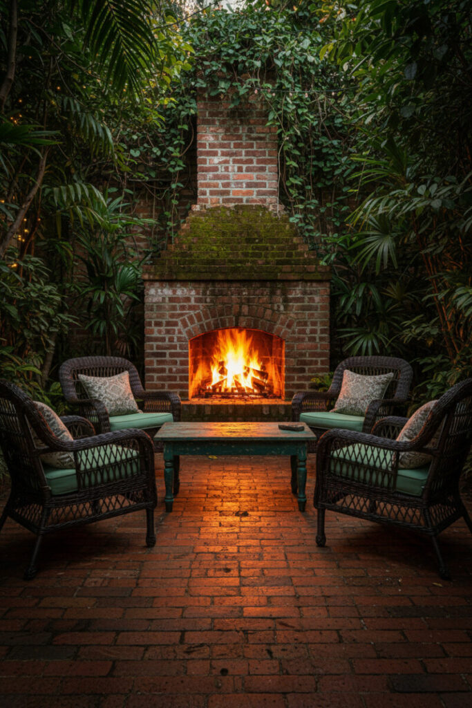 Brick outdoor fireplace at dusk with four wicker chairs, mint cushions, and terracotta patio—intimate backyard patio designs for cool evenings.