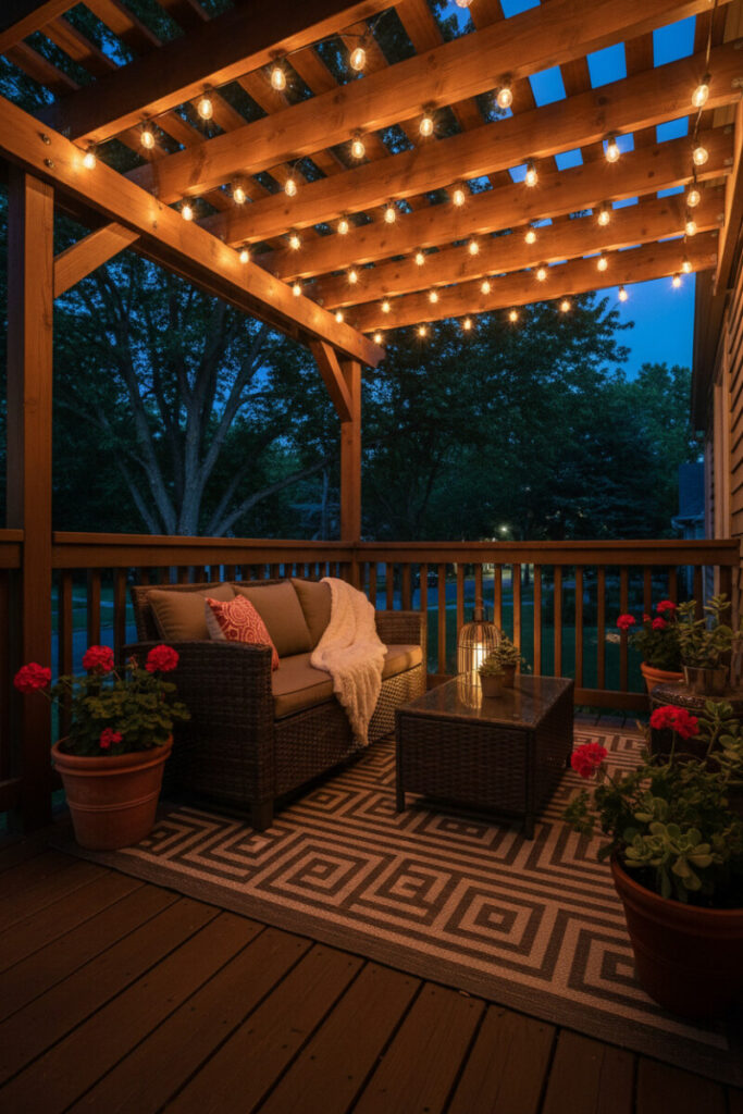 Twilight pergola draped in Edison string lights over charcoal wicker sofa, bold rug, and lantern—patio decorating tips and small patio ideas on a budget.