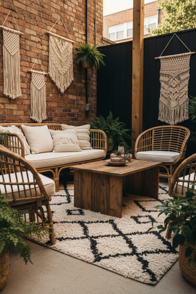 Eclectic patio with Berber rug, rattan daybed, cane egg chairs, macramé art, and trailing plants—texture-rich Small Patio Ideas.