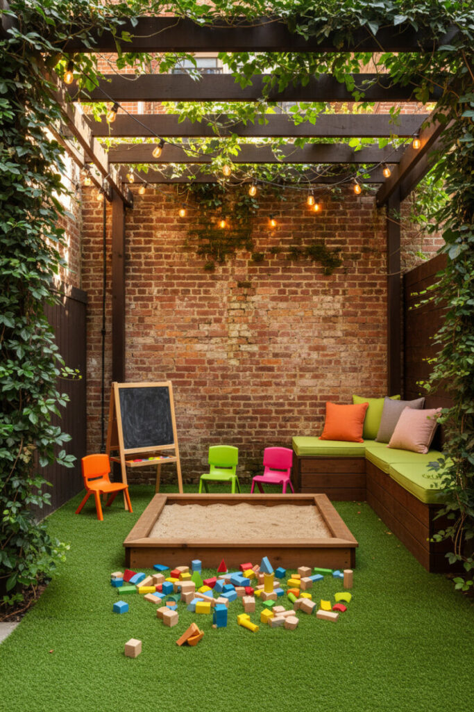 Family-friendly patio with ivy pergola, sandbox platform, colorful stools, chalkboard easel, and turf—playful small patio ideas on a budget that still feel stylish.