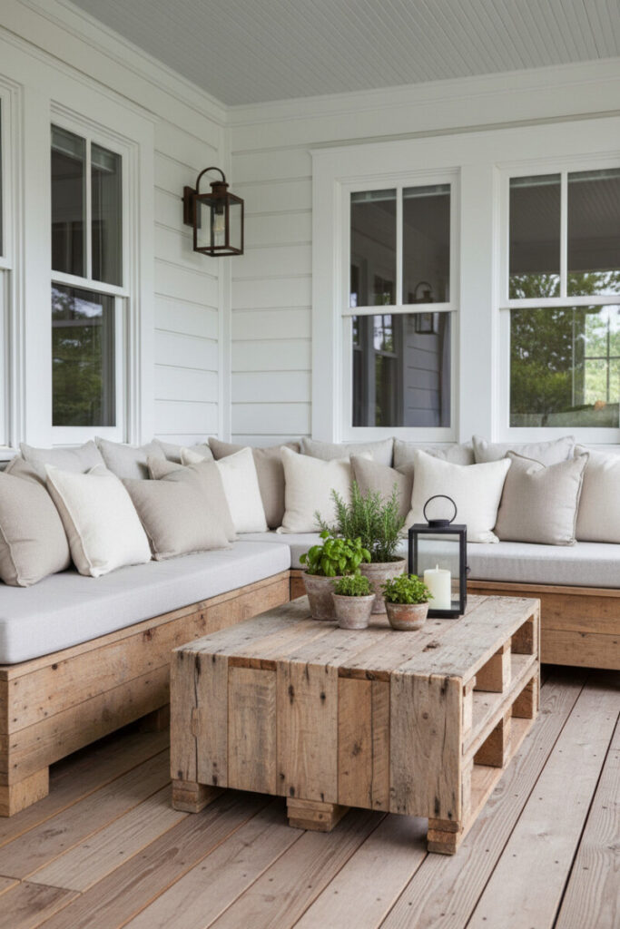 Farmhouse corner with reclaimed-wood L bench, pallet coffee table, linen pillows, herbs in terracotta—warm Small Patio Ideas with rustic charm.