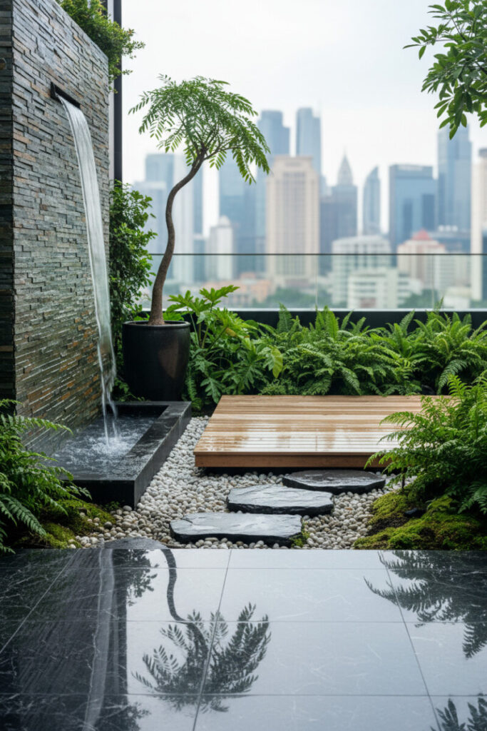 Vertical slate water feature spilling into white river rocks beside meditation deck and glossy black tiles reflecting foliage.