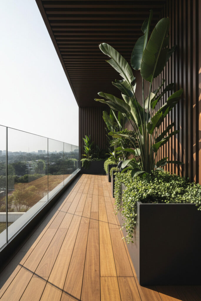 Minimalist balcony of charcoal planters, upright tropicals, and teak decking framed by glass balustrade—classic urban terrace design with low-maintenance terrace plants.