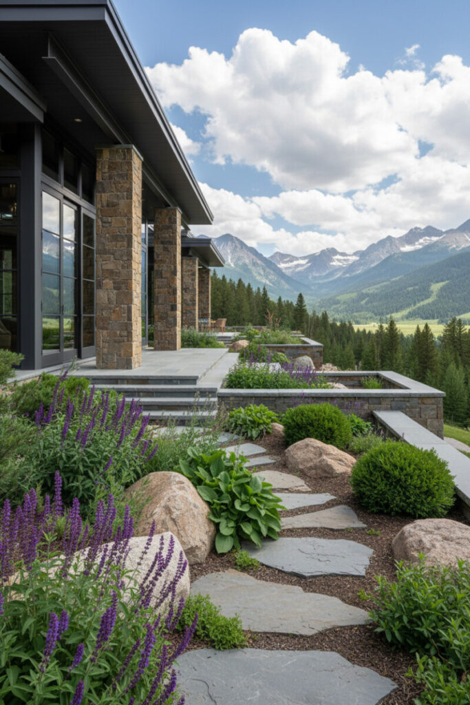 Layered rock garden of slate flagstones, boulders, purple salvia and evergreens leading from a modern mountain retreat.