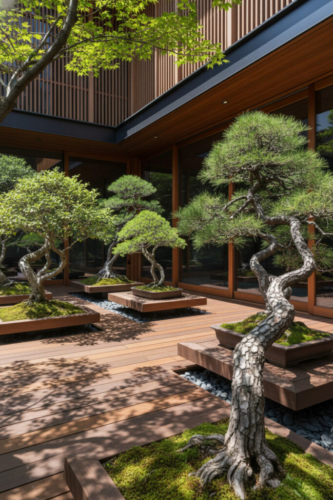 Sunlit multi-level ipe deck displaying bonsai pines and broadleaf specimens with crisp shadows, showcasing refined urban terrace design.