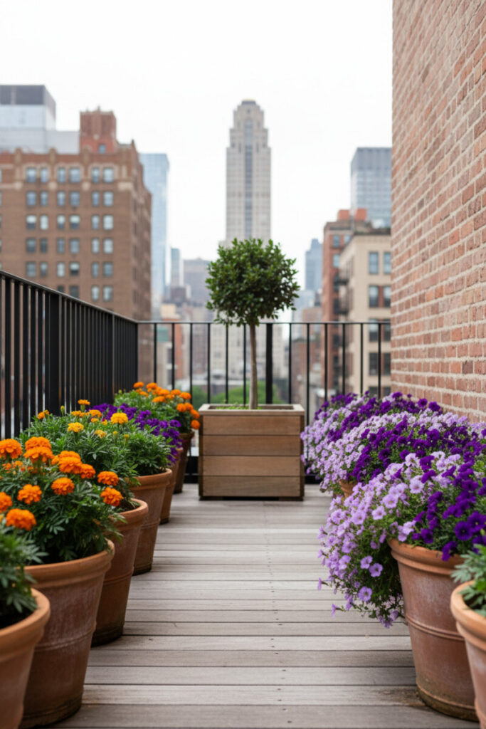 Line of terracotta pots bursting with orange and purple blooms on weathered deck, skyline beyond—caption includes rooftop garden tips.