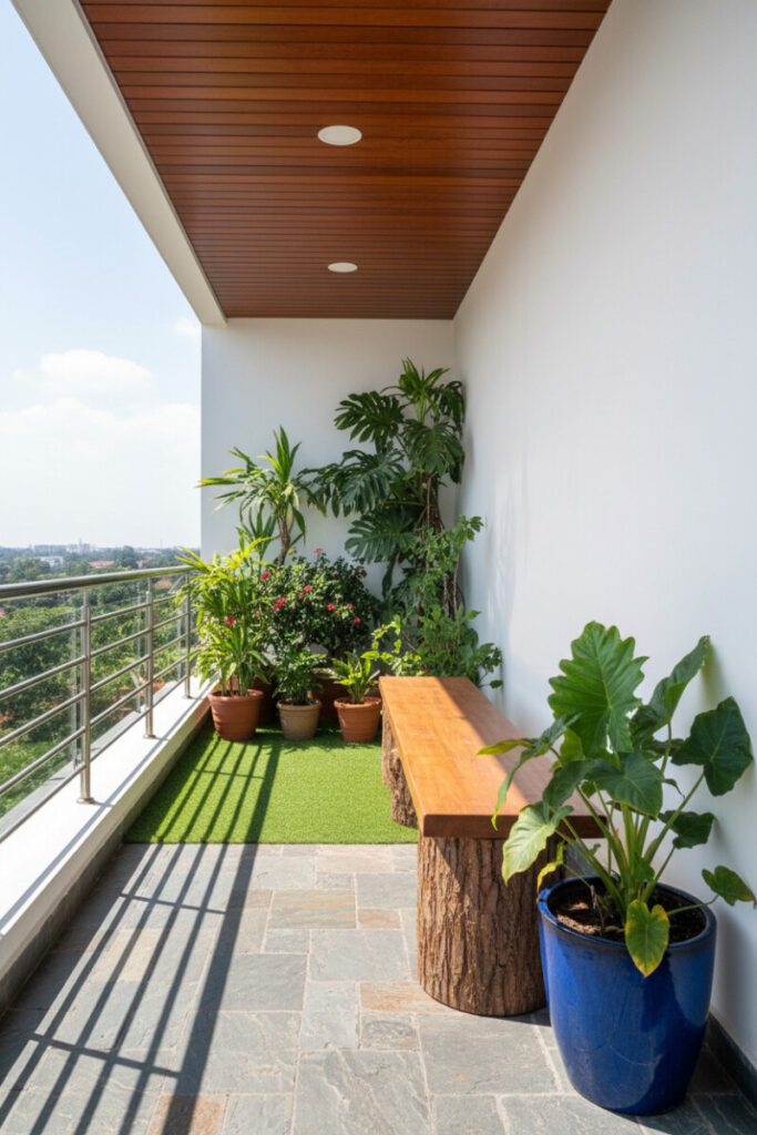 Narrow balcony with log-stump bench, tropical plants, cobalt planter and turf strip—perfect for small balcony terrace garden ideas.