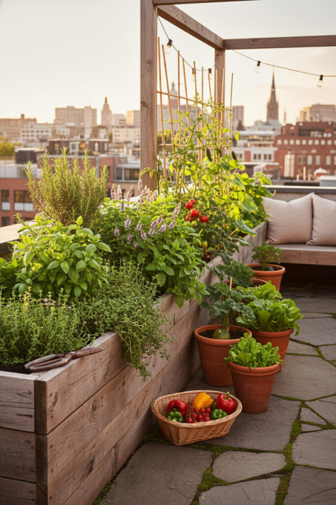 Reclaimed-wood raised bed filled with culinary herbs, bamboo trellises supporting tomatoes and cucumbers in evening glow—practical rooftop garden tips.