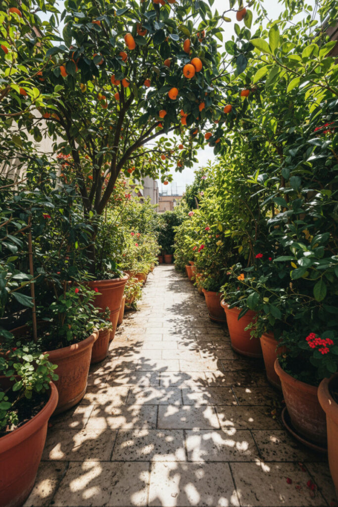 Dwarf fruit tree canopy over moist beige tiles, terracotta pots lining a narrow path with dappled midday light.