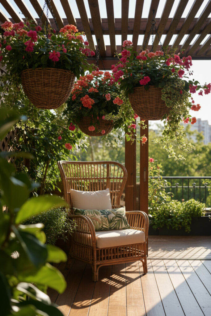 Trio of woven hanging baskets with coral and fuchsia flowers above rattan chair on sun-striped deck—compact Terrace Garden Ideas.