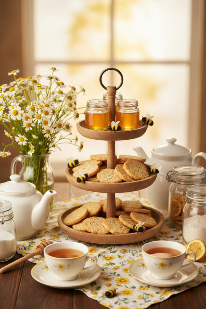 Rustic three-tier wooden tea tray with honey jars, biscuits, chamomile bouquet, and fuzzy bees in morning light; Tiered Tray Decorations for a cozy teatime.