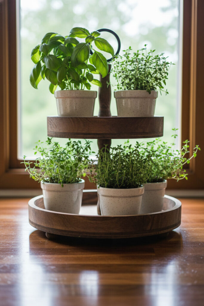 Walnut two-tier herb display with speckled pots of basil and thyme by a sunny window—fresh, budget-friendly tiered tray decorations.