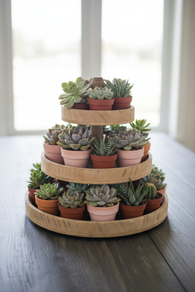 Light wood tiered tray stacked with terracotta pots of succulents and cacti in dusty greens and lilac tips; serene Tiered Tray Decorations.