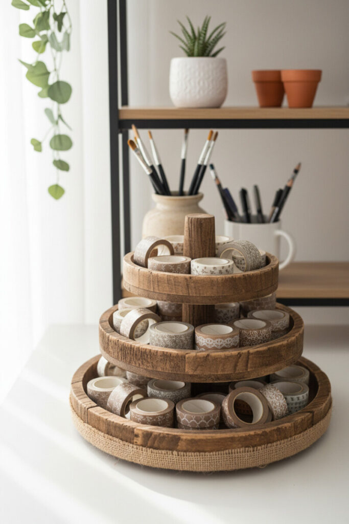 Craft-themed tiered tray packed with patterned washi tapes, burlap edge, and nearby jars of pens and brushes—clever small kitchen tiered tray ideas for multipurpose spaces.