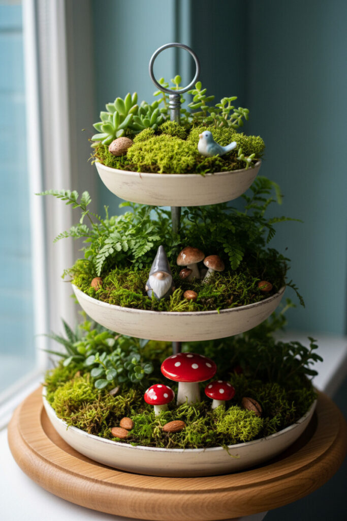 Miniature garden on cream tiers with moss, ceramic bird, gnome, and red-and-white toadstools atop a natural wood base—refined tiered tray styling tips.
