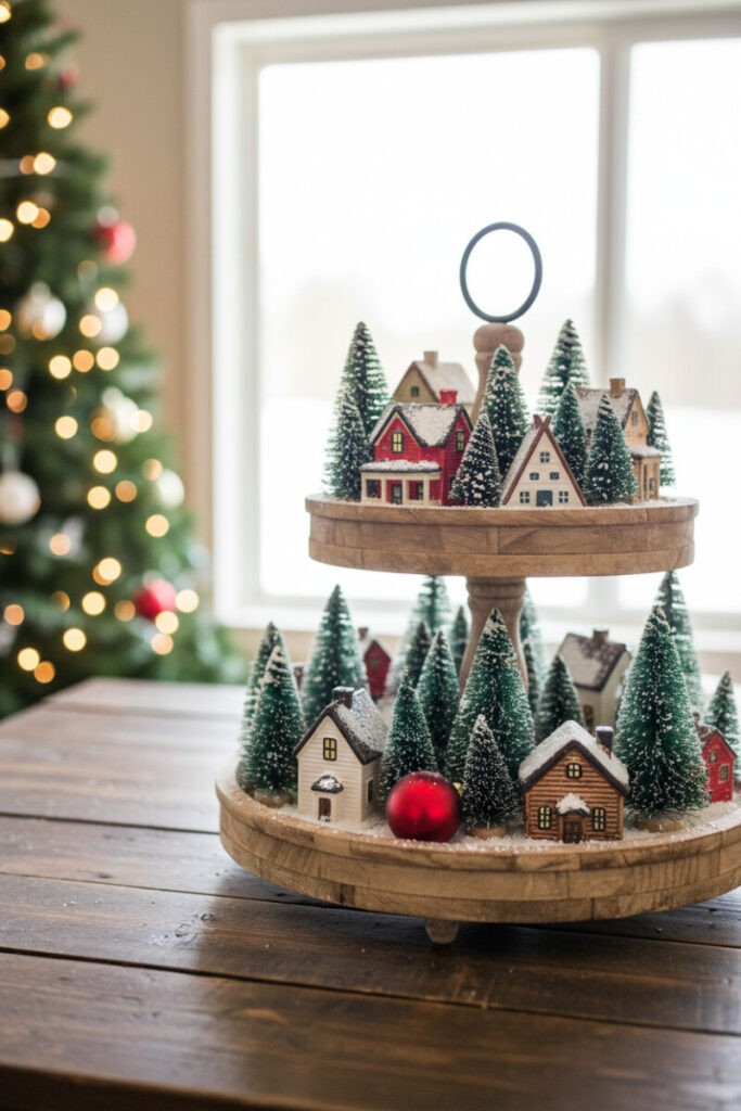 Rustic wood tiered tray transformed into a snowy mini village with tiny houses, flocked bottle-brush trees, and a single red ornament—classic seasonal tiered trays.