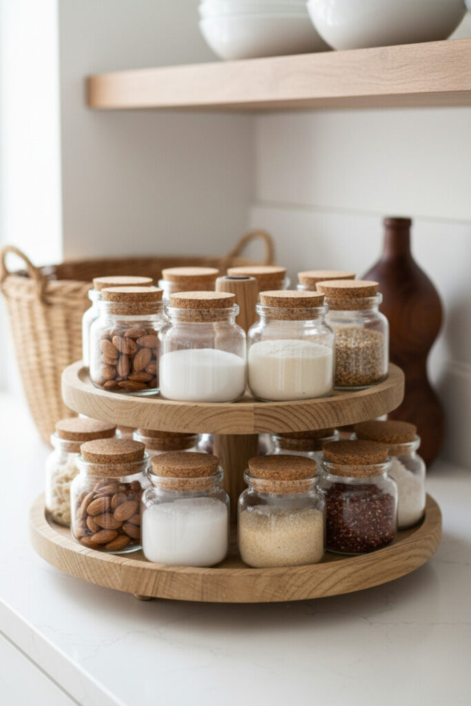 Light oak lazy Susan stacked with squat glass jars sealed by corks, filled with almonds, sugar, flour, and grains—practical, budget-friendly tiered tray decorations.