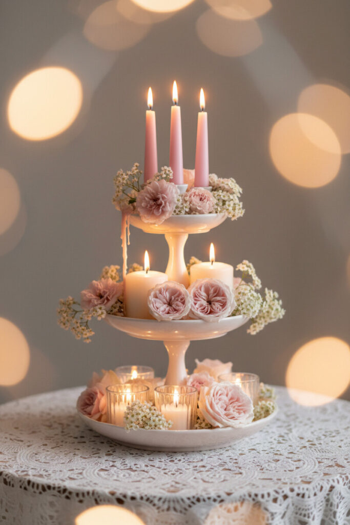 Blush-white ceramic tiered stand glowing with pink tapers, ivory pillars, votives, and blush roses over lace—romantic tiered tray styling tips.