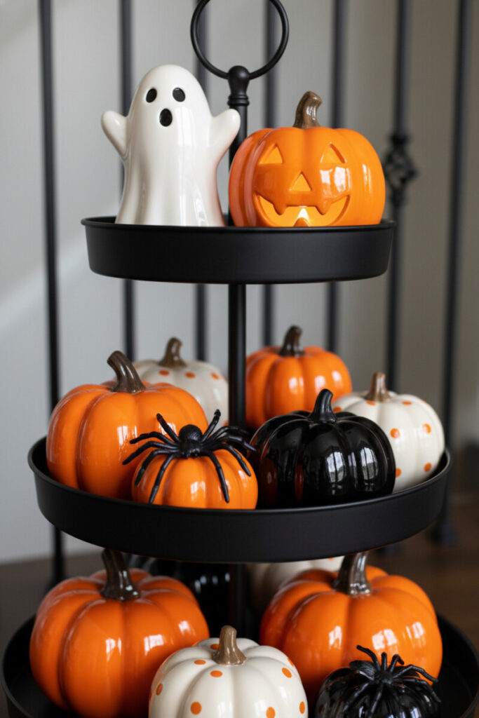 Matte black metal tiers packed with glossy pumpkins, a white ghost, and a lit jack-o’-lantern, plus playful spiders—Halloween seasonal tiered trays.