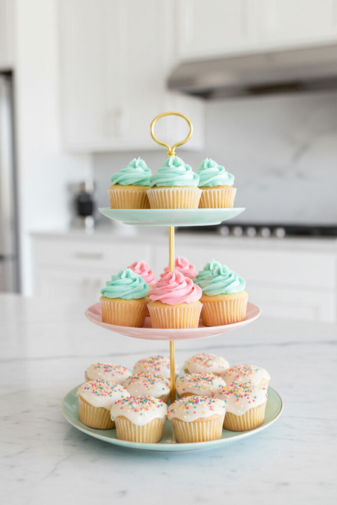 Three-tier mint-rimmed dessert stand loaded with aqua, pink, and sprinkle-topped cupcakes on white marble—party-perfect Tiered Tray Decorations.