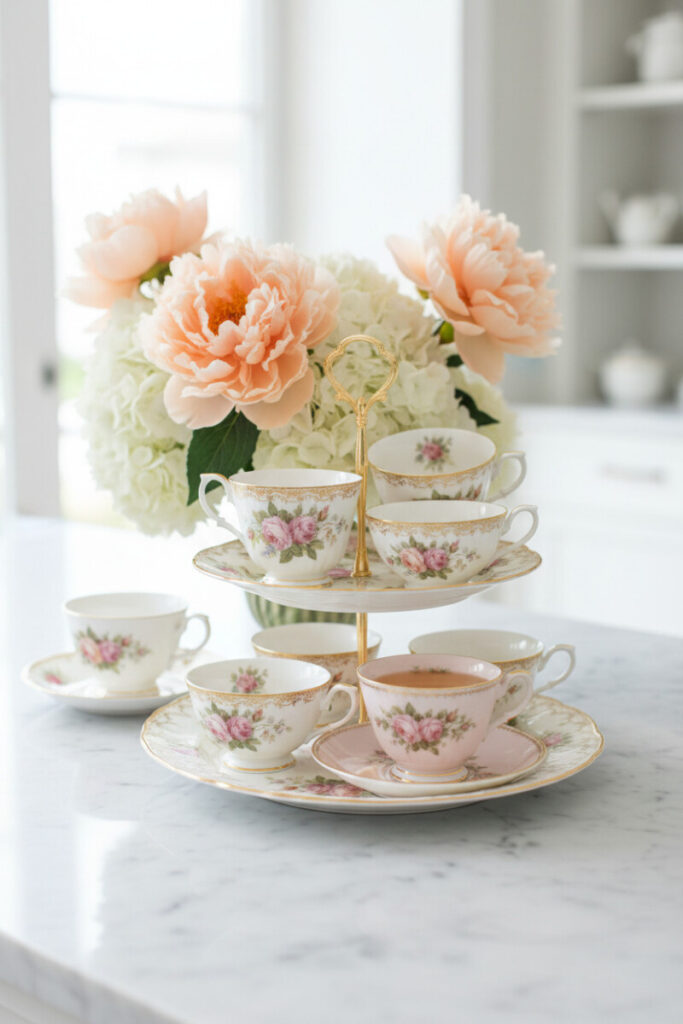 Porcelain stand layered with antique chintz teacups and bowls, gold gilt edges, and a lush floral backdrop—elevated tiered tray styling tips.
