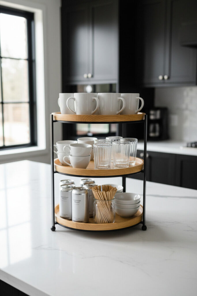 Sleek three-tier coffee caddy on white marble with stacked white mugs, ribbed tumblers, bamboo stirrers, and artisan cans—smart small kitchen tiered tray ideas.