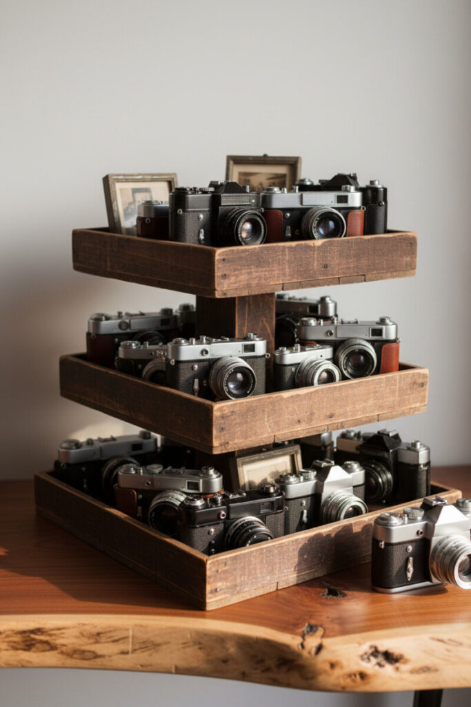 Stacked square rustic wood trays filled with vintage film cameras and framed sepia photos on a live-edge counter—collectors’ Tiered Tray Decorations.