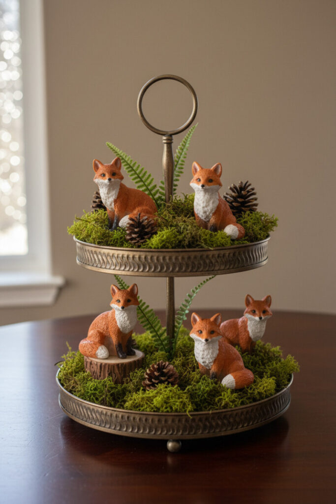 Two-tier bronze stand cushioned with bright reindeer moss, fern fronds, pinecones, and four russet fox figurines—woodland seasonal tiered trays.