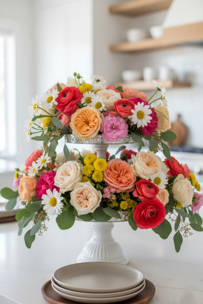 Overflowing two-tier floral pedestal with roses, ranunculus, daisies, and eucalyptus in soft daylight, a lush centerpiece using elegant Tiered Tray Decorations.