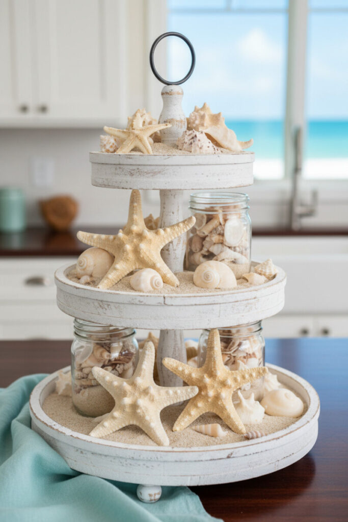 Whitewashed coastal three-tier tray styled with starfish, seashells, mason jars of sand, and an aqua linen—breezy seasonal tiered trays.