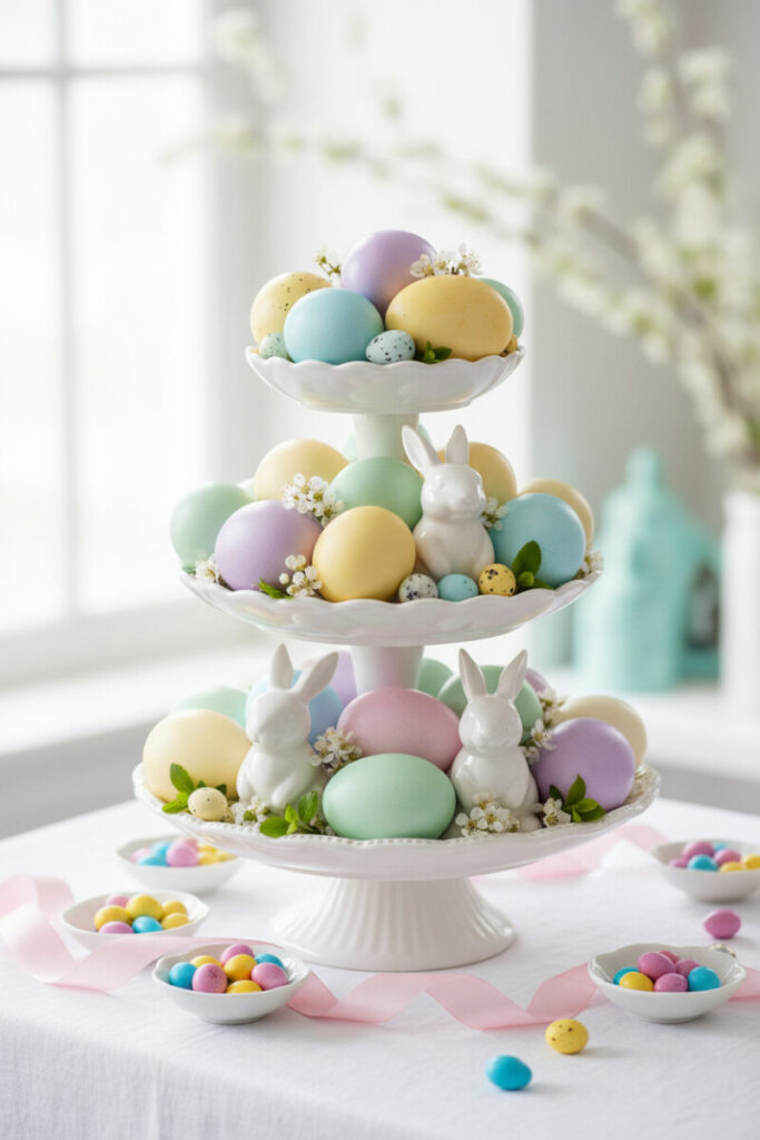Pastel Easter eggs and glossy white bunny figurines on a scalloped white stand with pink ribbon and candy dishes—playful seasonal tiered trays.