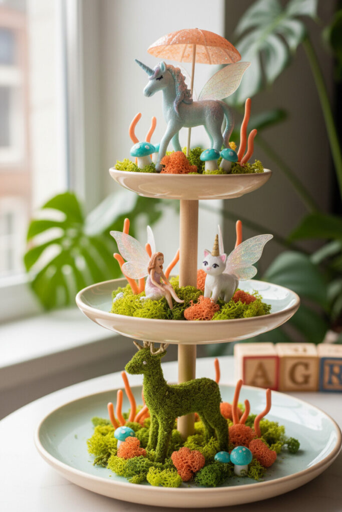 Whimsical fairy forest on a light wood tiered stand with moss, unicorn under a parasol, a fairy, caticorn, and stag; dreamy Tiered Tray Decorations.