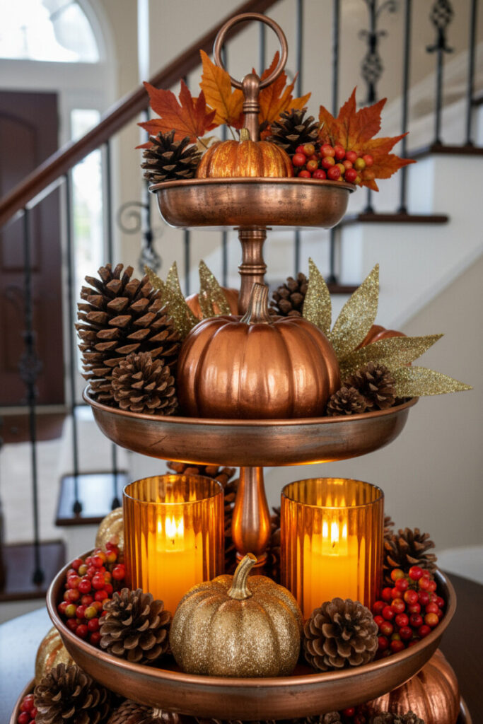 Copper and bronze tiered stand loaded with pumpkins, pinecones, berries, and glowing amber candles—autumnal seasonal tiered trays.
