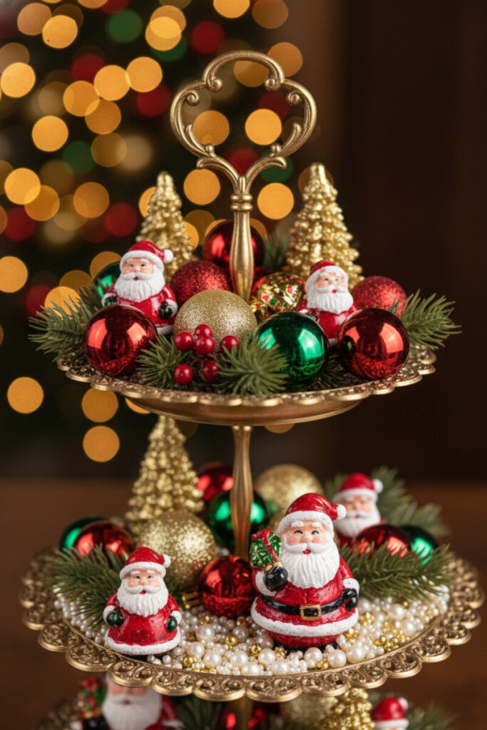 Antique brassy dessert stand bursting with jewel-tone ornaments, mini Santas, pearls, and gold beads—festive tiered tray styling tips.