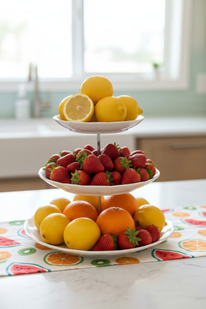 White ceramic tiered stand piled with lemons, strawberries, and oranges over a bold fruit runner; cheerful small kitchen tiered tray ideas.