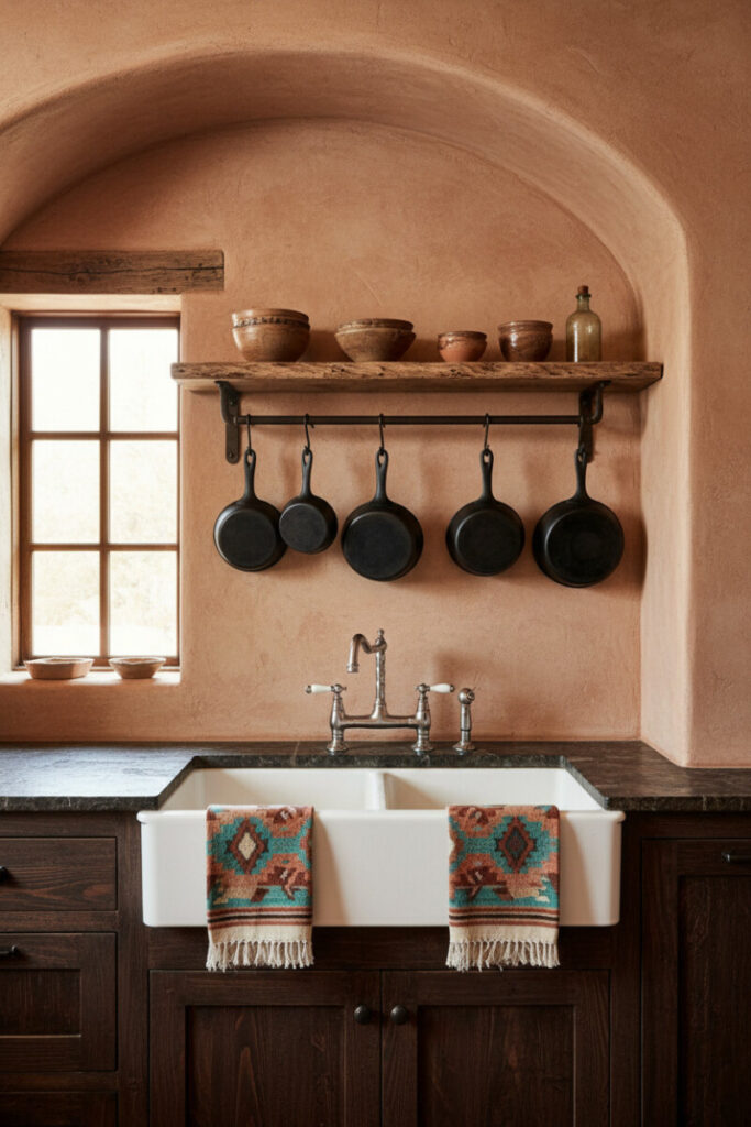 Apron-front double-basin farm sink under stucco arch with chrome bridge faucet, textiles, and hanging skillets—Western Kitchen Essentials in rustic kitchen decor.