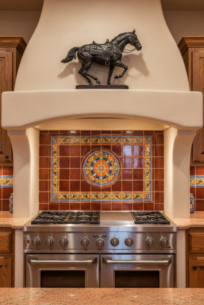 Hand-painted Talavera backsplash and stucco mantle above a pro range—artisan centerpiece of Southwestern kitchen design.