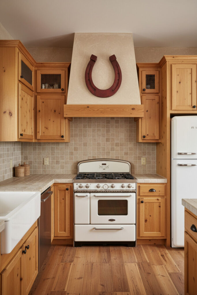 Creamy stucco hood crowned with a carved wooden horseshoe above a vintage enamel range—good-luck touch in rustic kitchen decor.