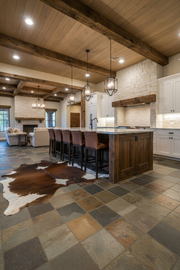 Open-concept lodge kitchen with large cowhide rug on slate and travertine tile, illustrating how to style a western kitchen for cozy flow.