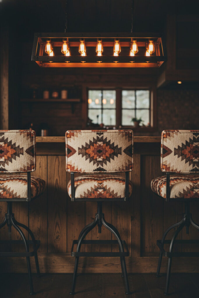Trio of wrought-iron bar stools upholstered in Navajo wool pattern, a bold seating statement for Southwestern kitchen design.
