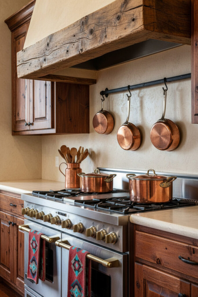 Copper pots and pans gleaming against distressed cabinetry and stucco—warm metallic accents within Western Kitchen Essentials.