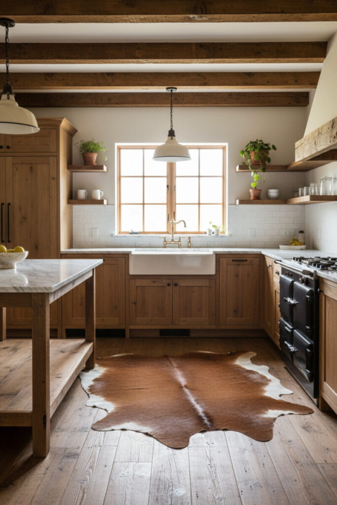 Wide reclaimed barnwood planks under a farmhouse sink and marble counters—flooring that showcases best materials for rustic western kitchens.